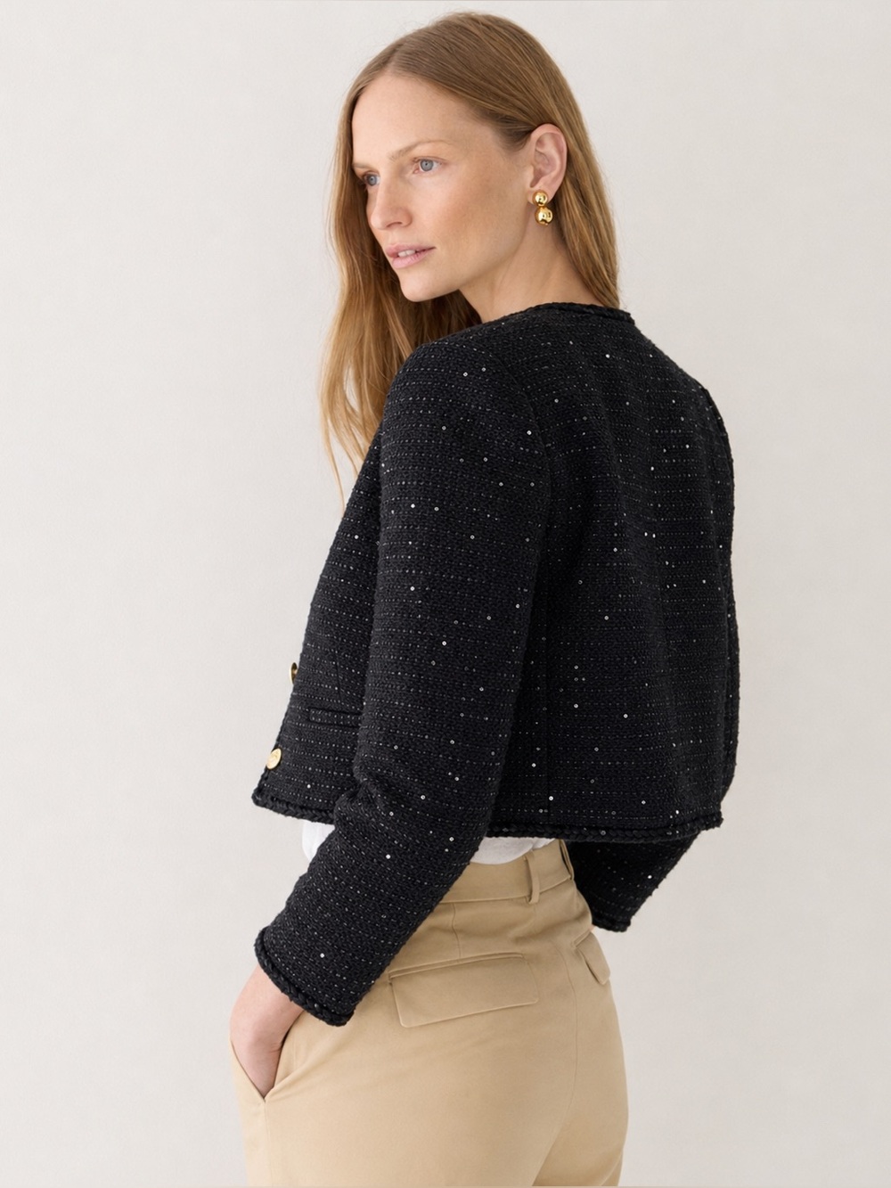 J.Crew Louisa Lady Jacket Sequin Tweed Black Cropped Blazer Size 10 - Picture 2 of 14